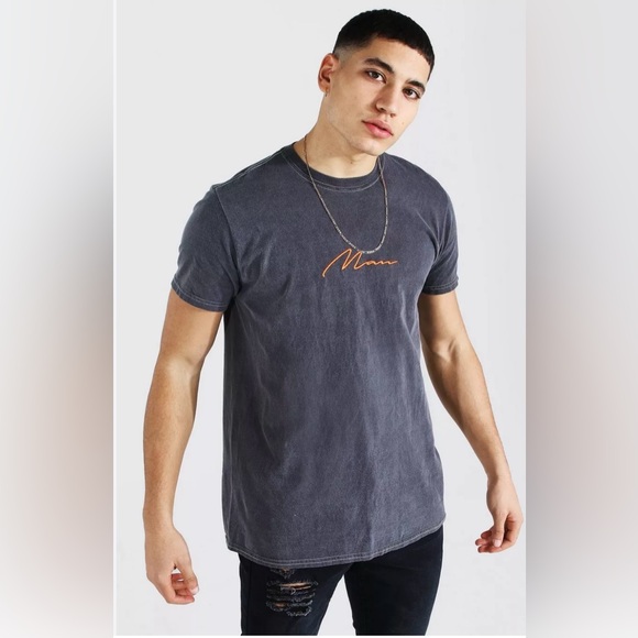 Boohoo men's Charcoal Tee with Orange Detail sz L - Picture 1 of 4
